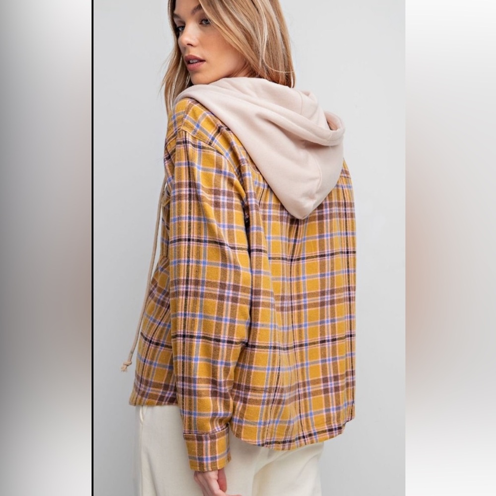 Plaid Button-Down Shirt Jacket with Cream Hood - Yellow Plaid